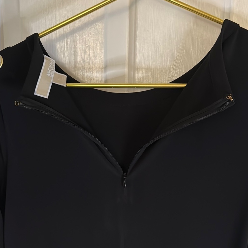 Michael Kors Black and Gold Long Sleeve Stretch Midi Dress, Zipper Back - Picture 4 of 9